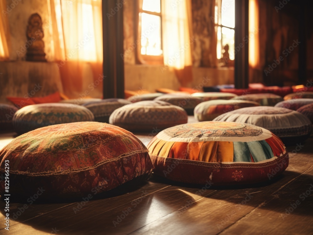 Poster a room with many colorful pillows on the floor. the pillows are arranged in a circle and are of diff