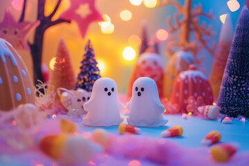 A fun Happy Halloween template featuring cute ghosts, candy corn, and spooky trees, set against a colorful and whimsical background