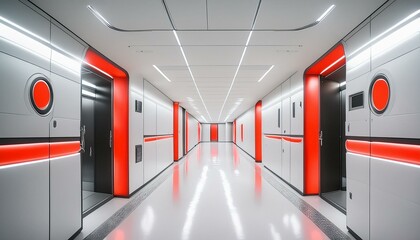 lights, leading to a sleek, modern interior with silver accents ,Empty white futuristic corridor with neon blue and pink and black walls technology and minimalism.