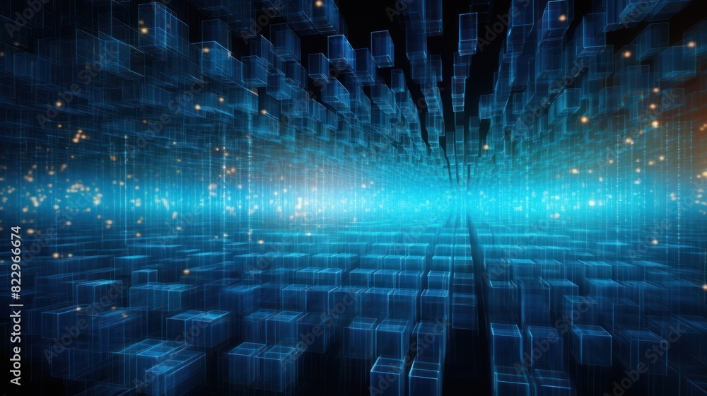 Poster glowing blockchain data matrix, pulsating with energy