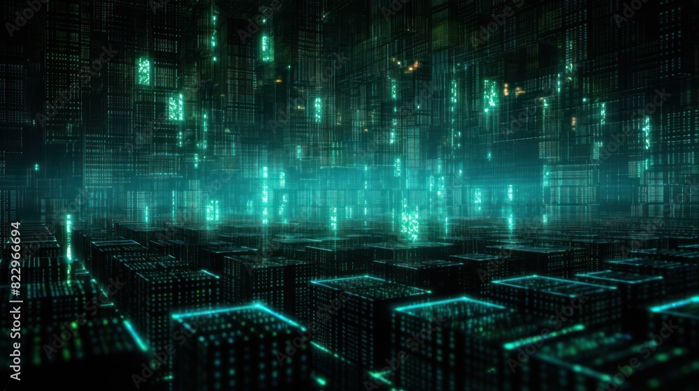 Poster glowing blockchain data matrix, pulsating with energy