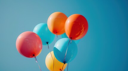 balloons in rainbow colors against a bright sky