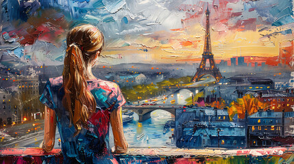 Colorful artwork featuring a woman admiring the iconic architecture of a famous city, illustrated with a palette knife technique