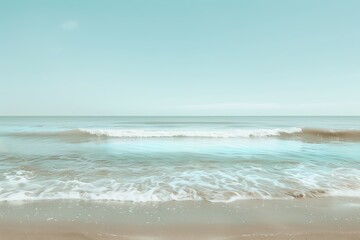 Minimalist beach with gentle waves and a clear blue sky, peaceful theme, sleek, Double exposure, serene seaside backdrop