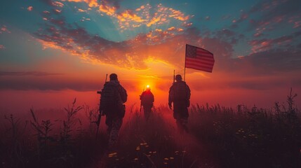 Soldiers and American flag on sunrise background, concept National holiday, Flag Day, Veterans Day, Memorial Day, Independence Day, Patriots Day, high resolution, 4k HD wallpaper, background, generate