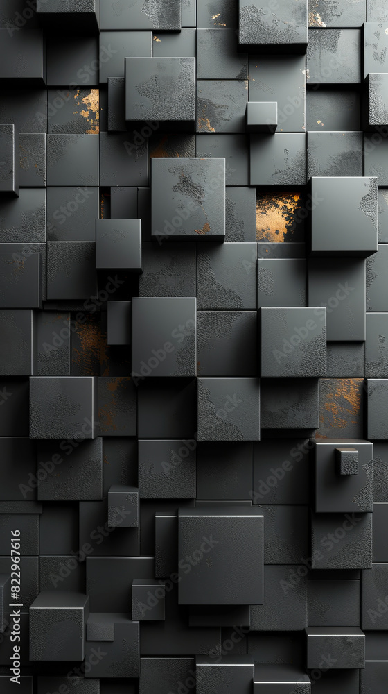 Poster 3d rendering pattern of black cubes with abstract metallic texture for modern backgrounds and textur