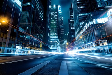 Fototapeta premium Night cityscape with skyscrapers and light trails from moving vehicles