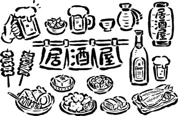 居酒屋の暖簾・提灯・お酒やおつまみ　筆タッチ手描きイラスト　線画セット