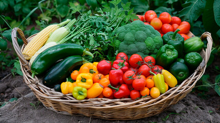 A basket full of vegetables including tomatoes, peppers, and broccoli