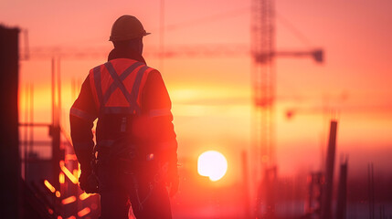 Construction worker at sunset on job site, concept of hard work and dedication