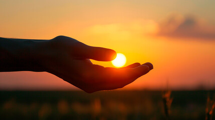 Hand holding the sun at sunset, symbolizing energy, power, and nature's beauty