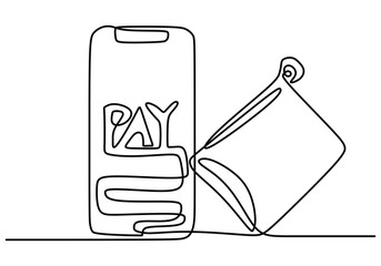 one continuous line drawing of Smartphone and credit cards wallet isolated on white background.