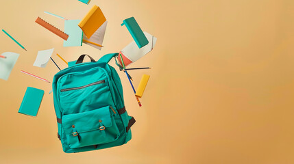 Floating school supplies around a turquoise backpack on a beige background with copy space