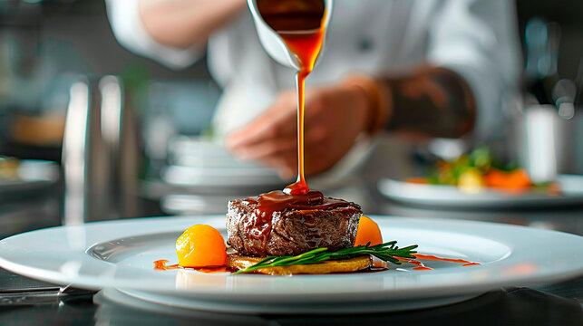 A chef is pouring sauce over a plate of food