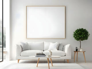 Mockup poster frame on the wall of living room. Luxurious apartment background with contemporary design. wooden sideboard, white sofa, green stand, base with leaves, plants, and stylish lamp