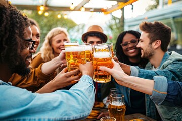 Happy multiracial friends toasting beer glasses at brewery pub - Group of young people having fun...