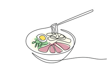 one continuous line drawing of chopsticks on ramen or chicken noddle with egg in big mug.