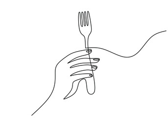 one continuous line drawing of hand hold fork isolated on white background vector illustration.