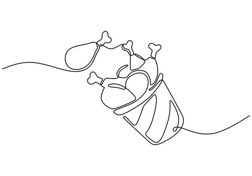 recommend clip art: one continuous line drawing of A bucket of fried chicken drumsticks in cup on white background.