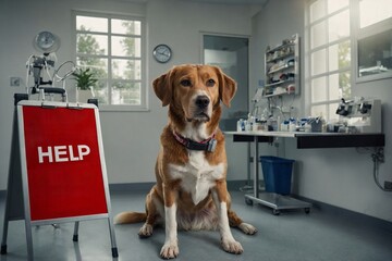 Dog in Need of Medical Assistance, a dog with a "Help" signboard around its