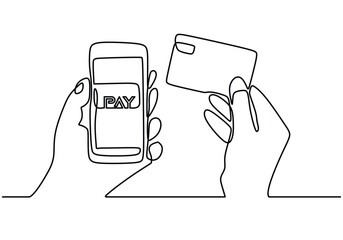 one continuous line drawing of hand hold Smartphone and credit cards isolated on white background.