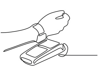 Single one line drawing of hand with smartwatch tap on edc machine. Bank concept. Continuous line draw design graphic vector illustration.