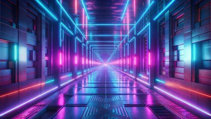 neon hallway, glowing lines, futuristic sci-fi corridor, purple pink blue lights, symmetry, geometric shapes, abstract 3D render, trippy visuals
