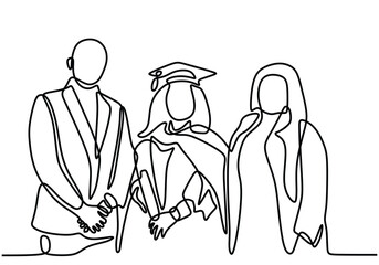 one continuous line drawing of graduated woman student with her parents isolated on white background