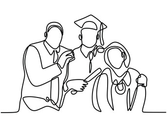 one continuous line drawing of graduated man student with his parents isolated on white background.