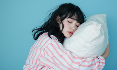 枕を持って寝ているパジャマ姿の女性