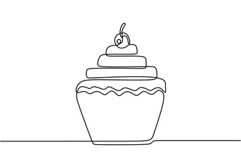 One single line drawing of fresh sweet muffin cake with cherry. Concept for cafe, bakery, restaurant