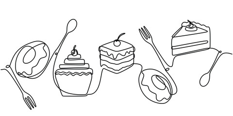 one continuous line drawing of donuts, muffin, and cherry cake with spoon and fork.