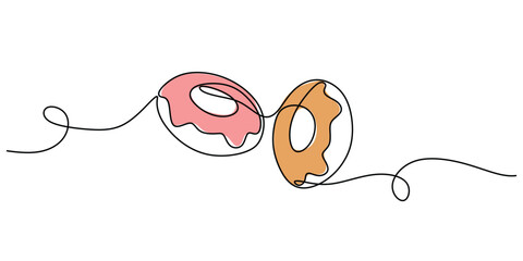 one continuous line drawing two delicious donuts with colorful topping isolated on white background.