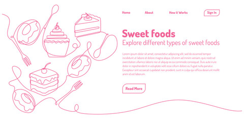 one continuous line drawing of sweet foods. Landing page concept with pink line.