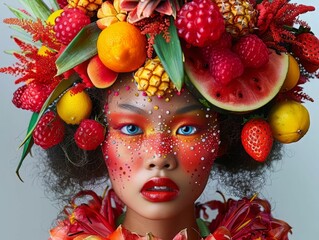 Close-up portrait of a young woman with a creative make-up and fruits and berries on her head and neck.
