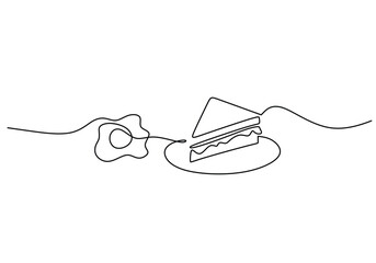 one continuous line drawing of egg and sweet cake on plate isolated on white background.