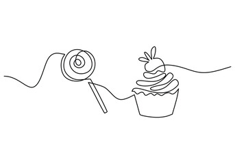 one continuous line drawing of sweet candy and muffin cake isolated on white background.
