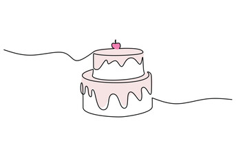 one continuous line drawing of birthday cake with pink cherry topping isolated on white background.