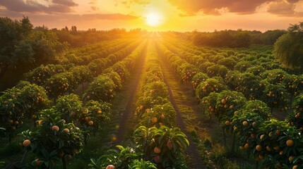 The photo shows a papaya field with sunset in the background.