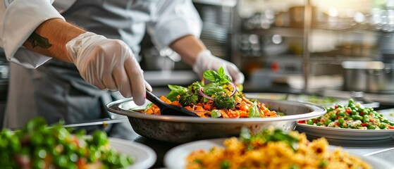 Obraz premium Chef preparing fresh and colorful salad in a professional kitchen, highlighting healthy and vibrant culinary creations.
