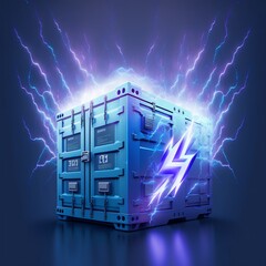 a blue shipping container with a glowing lightning bolt symbol on its side. The container is positioned on a reflective surface, streaks of blue lightning emanating from it against a dark background