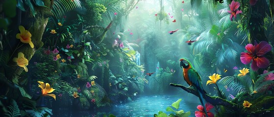 Beautiful rainforest scene with exotic birds and colorful flowers, vibrant theme, whimsical, Composite, biodiverse ecosystem backdrop