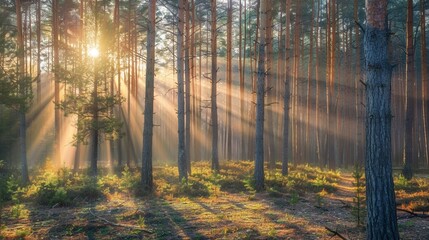Silent Forest in spring with beautiful bright sun rays