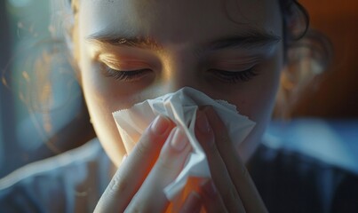 Person Wiping Runny Nose with Tissue
