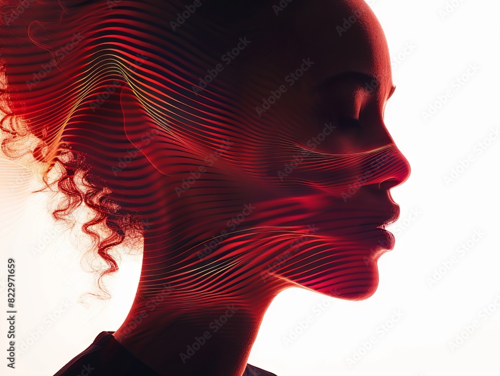 Poster silhouette of a woman with abstract red light patterns on white background, merging technology and h