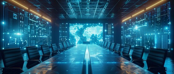 Futuristic conference room with digital world map on large screen, reflecting high-tech business environment.