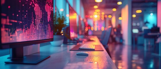 Modern tech office with colorful neon lighting and multiple computer screens, highlighting a digital, futuristic work environment.