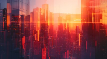 Digital cityscape illustration of a nighttime skyline with skyscrapers bathed in blue, red, and orange hues