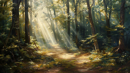 A panel painting capturing the beauty of a sun-dappled forest, with sunlight filtering through the trees and casting dappled shadows on the forest floor, creating a scene of natural tranquility.