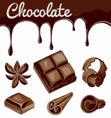 Chocolate streams, curls, candies and cacao beans isolated on white
